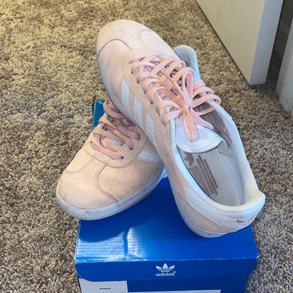 Gently worn pink and gold Adidas Gazelles